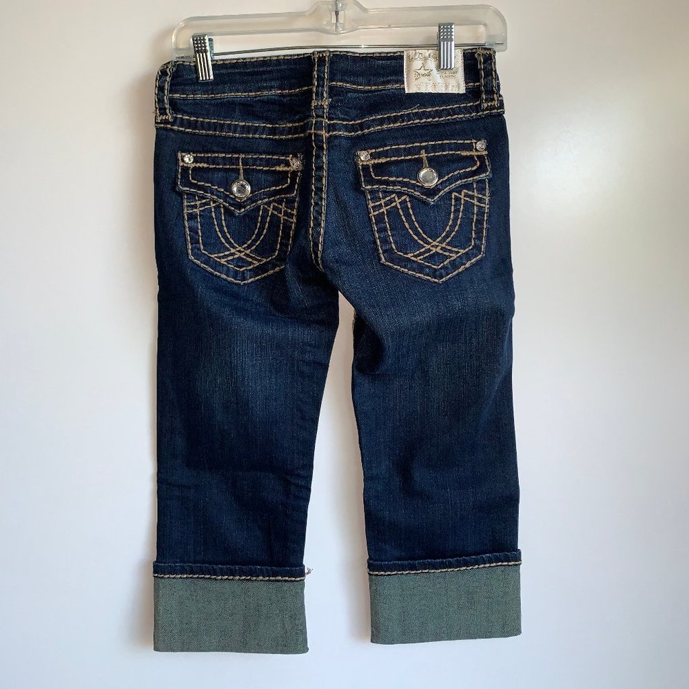 NWT ~ L.A.IDOL Dark Wash Brown Thick Stitch CZ Cropped Jeans